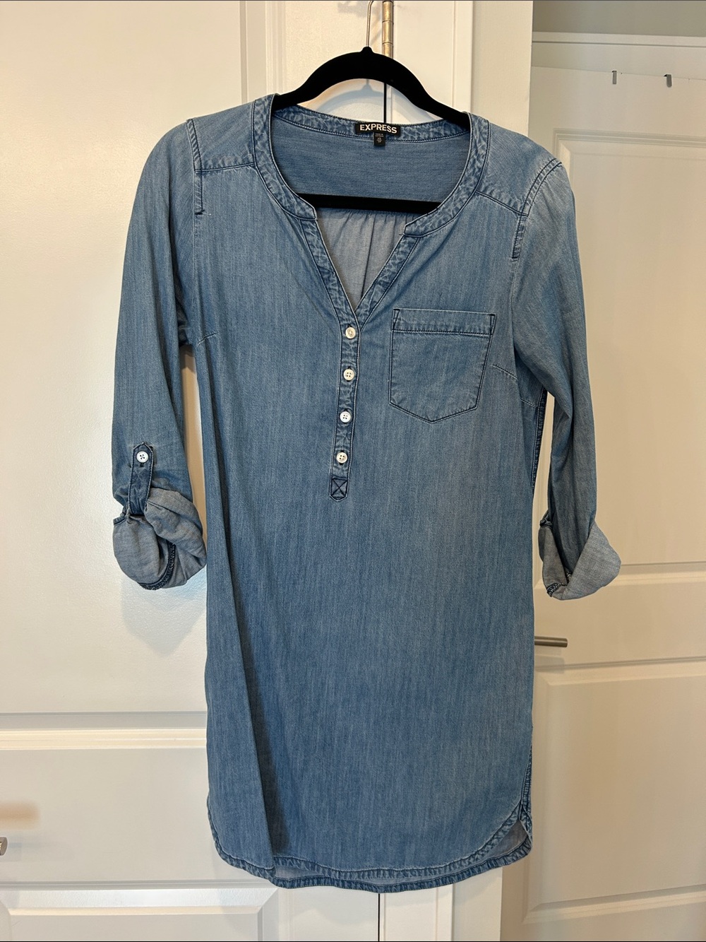 Express Chambray Henley Shirt Dress - Light Blue